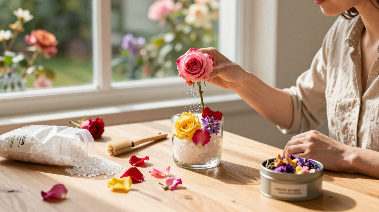 Person arranging pink rose and petals in glass vase with bath salts on wooden table by window.