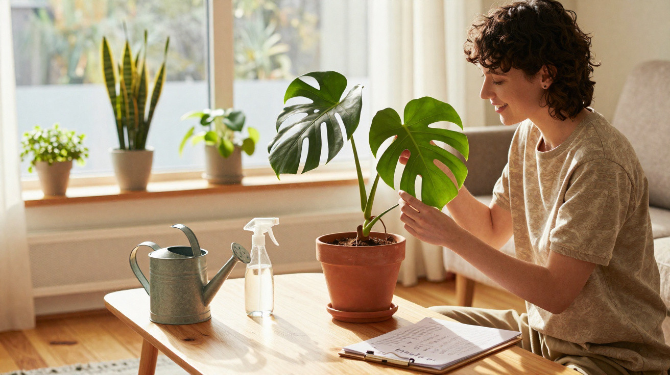 Person examining a Monstera plant leaf on a wooden table with watering can and notebook in a bright room.
