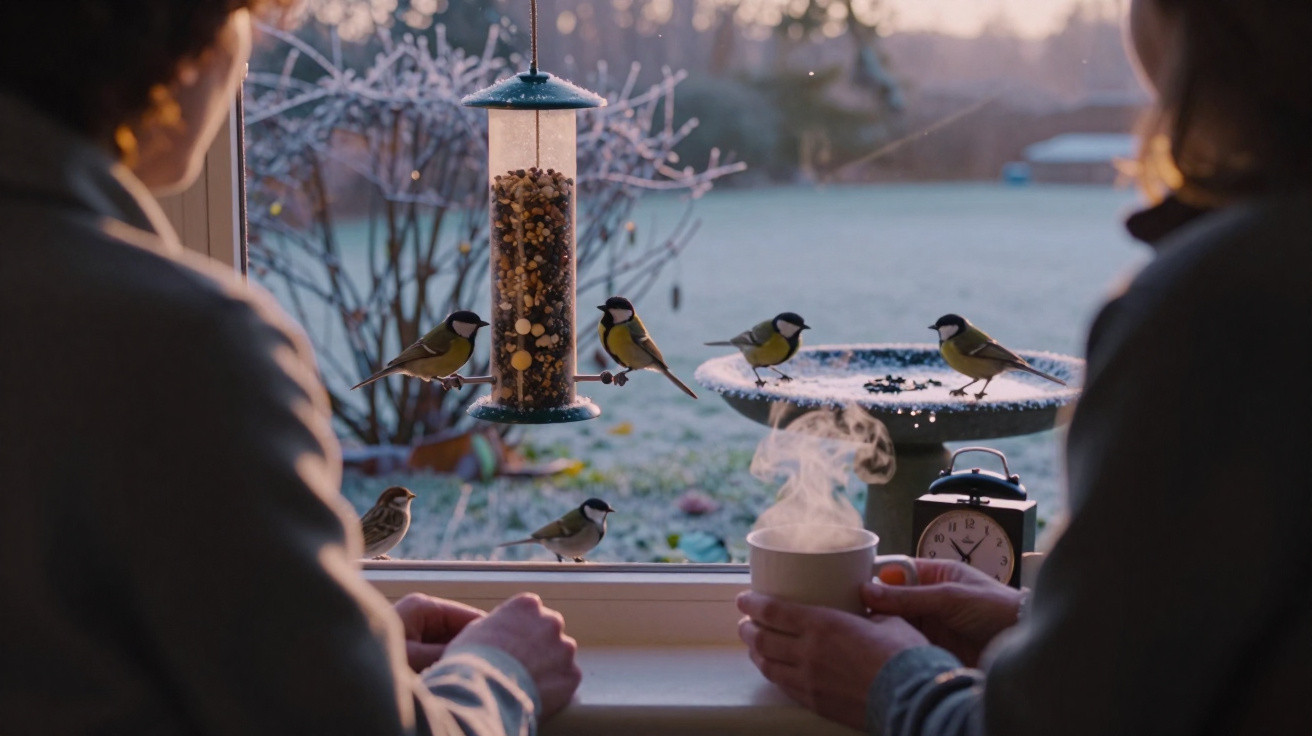 Two people watch birds eating at a bird feeder and birdbath outside a frosty window on a cold morning.