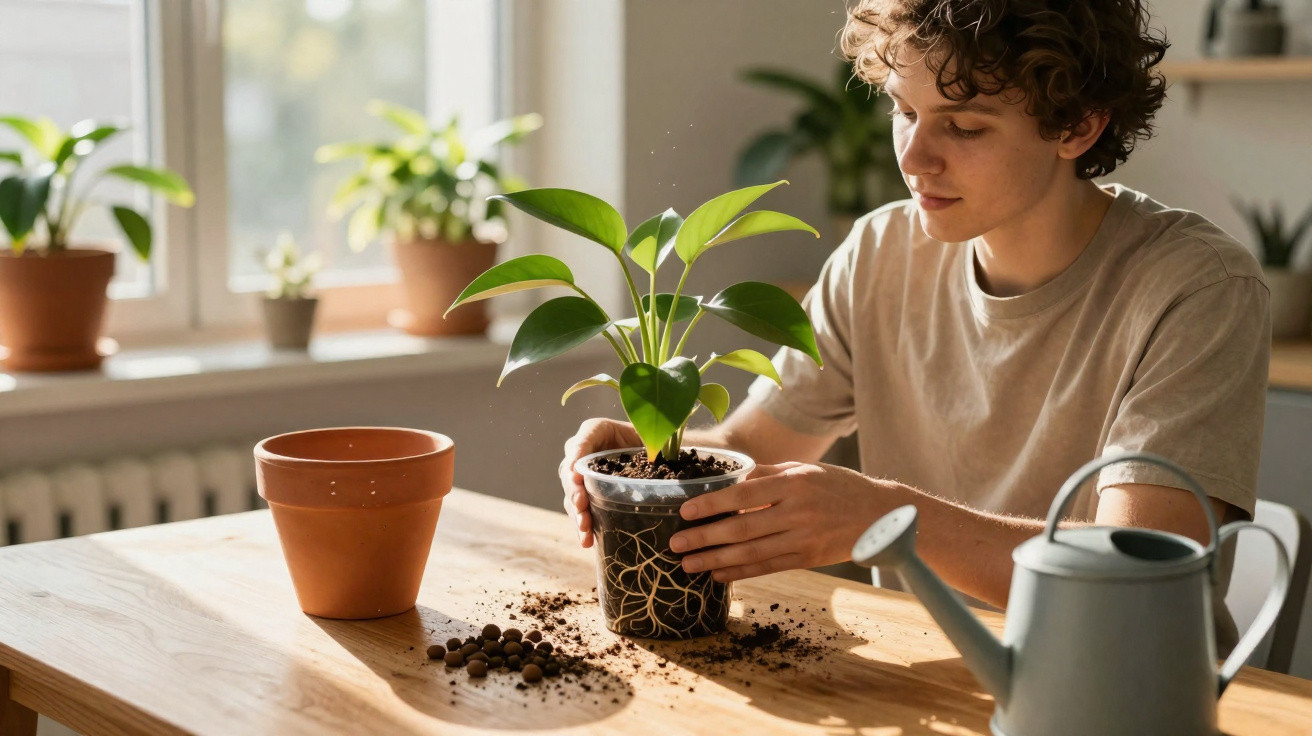 Young person repotting a green houseplant on a wooden table with gardening tools and natural light.