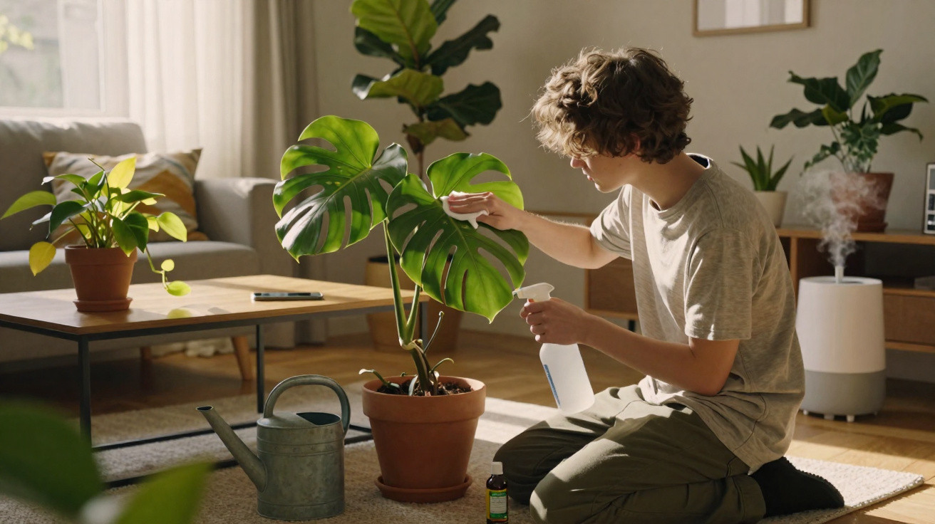 Person kneeling indoors spraying and cleaning a large potted plant leaf in a sunlit living room.
