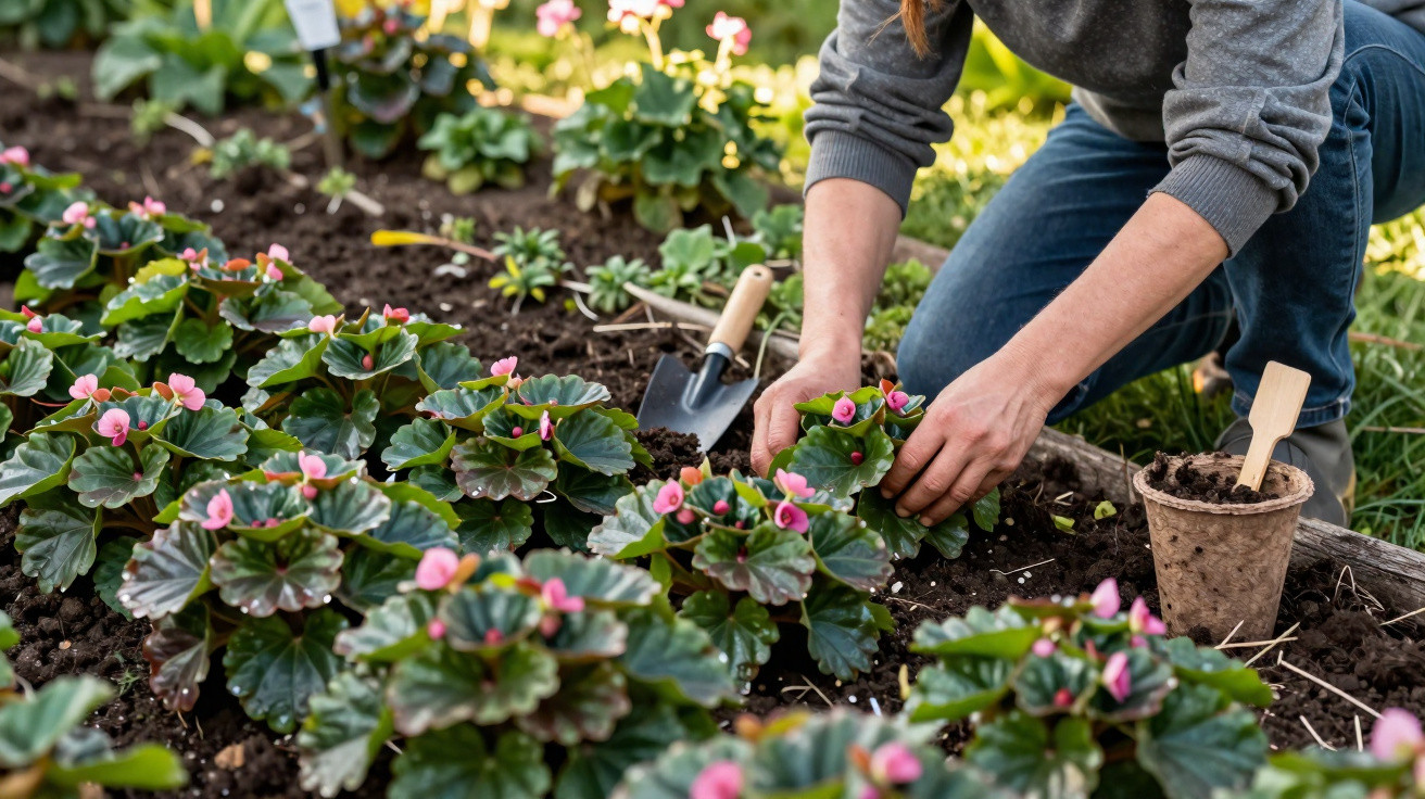 Person planting pink flowering plants in a garden bed with gardening tools and a small plant pot nearby.