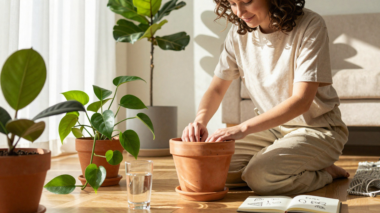 Person kneeling indoors repotting a plant with others and a glass of water nearby in natural light