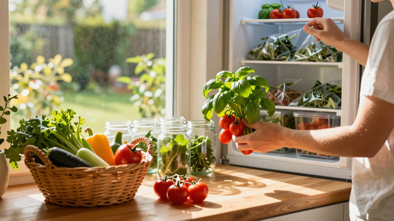 Person placing fresh tomatoes and basil into a fridge with a basket of vegetables on the windowsill.