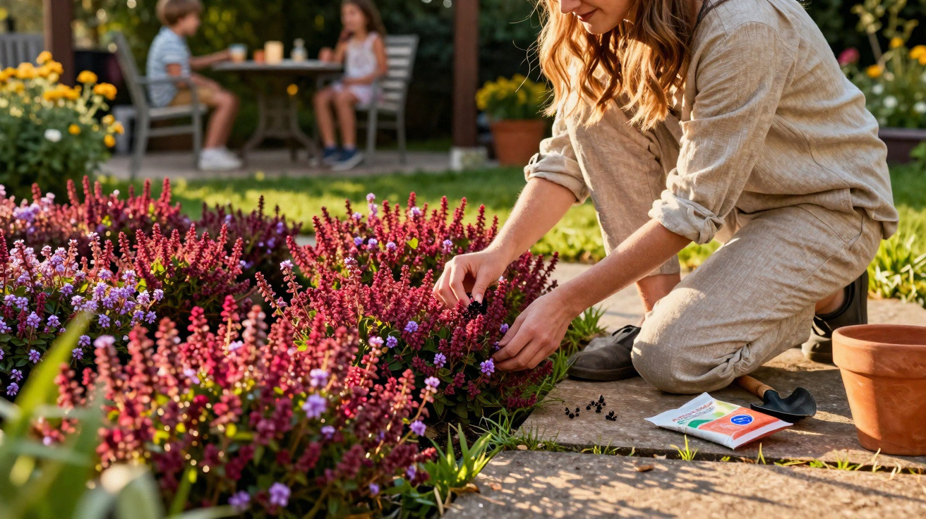 Person kneeling and tending to a flower bed with children sitting at a table in the background.