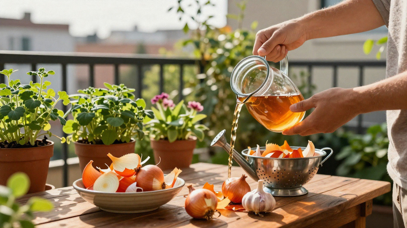 Person pouring liquid from a glass watering can over onion and garlic peels on a wooden table outdoors.