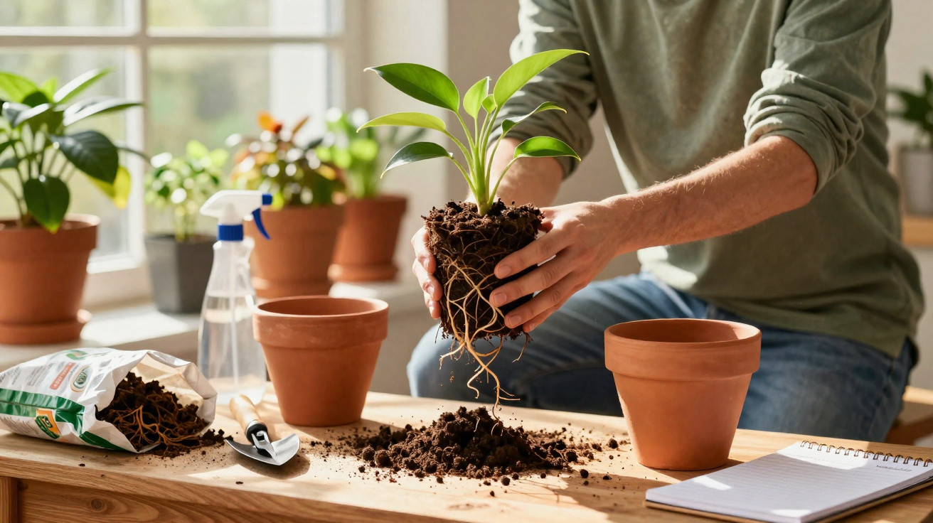 Person repotting a green plant with soil and terracotta pots on a wooden table by a window.