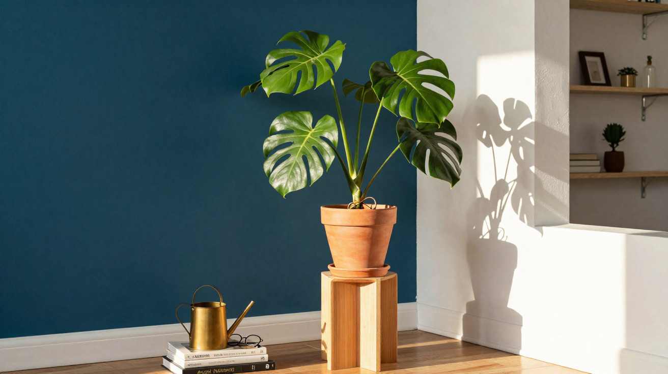 Monstera plant in a terracotta pot on a wooden stand casting shadows on a white wall beside a blue wall.