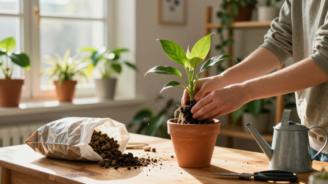 Person repotting a green houseplant in a terracotta pot on a wooden table near a window.