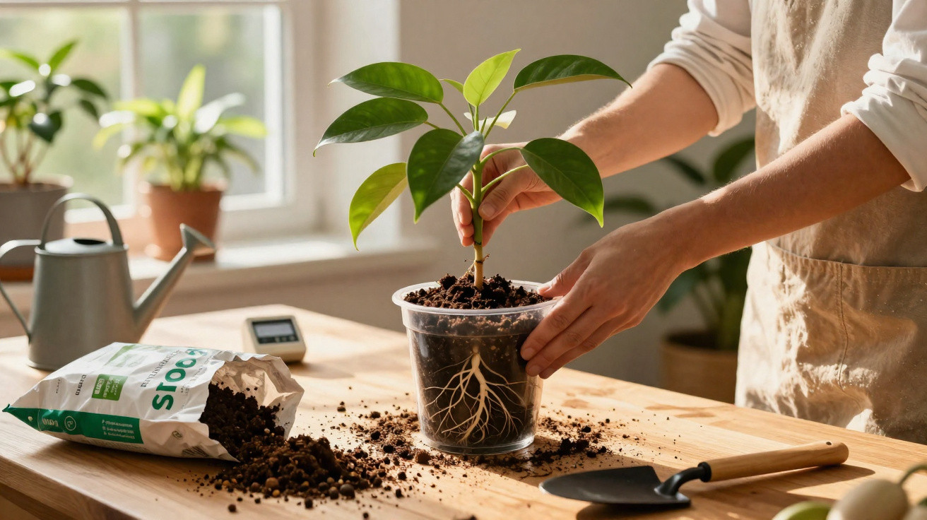 Person repotting a young plant with visible roots into a clear plastic pot on a wooden table indoors.