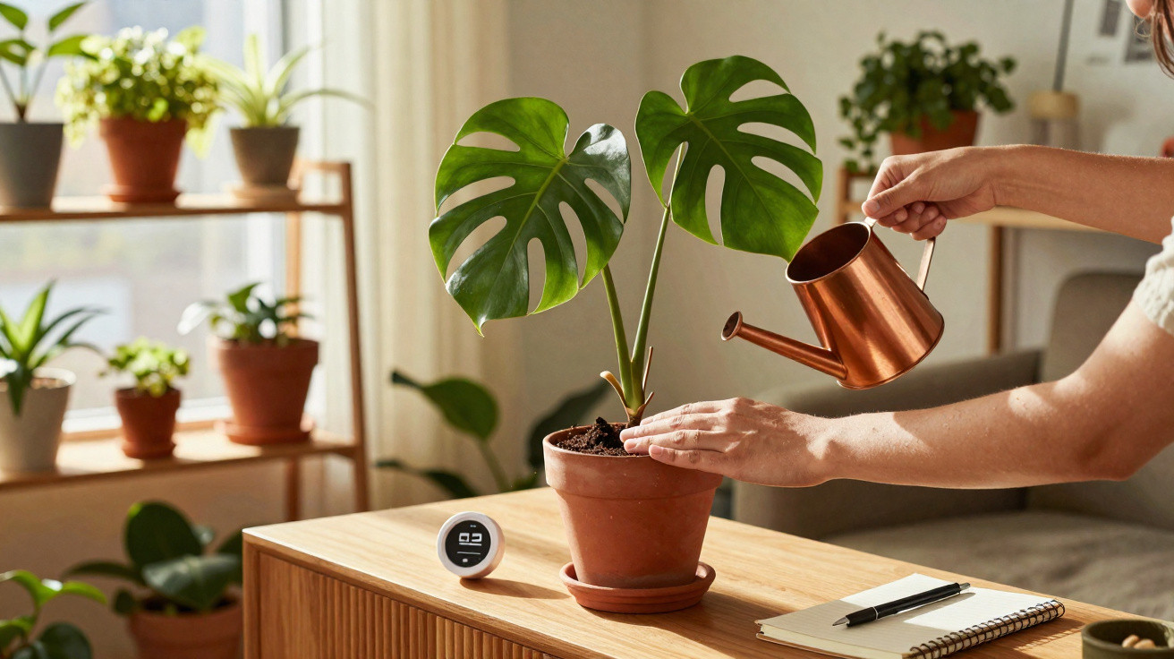 Person watering a potted Monstera plant on a wooden table with a smart home device nearby.