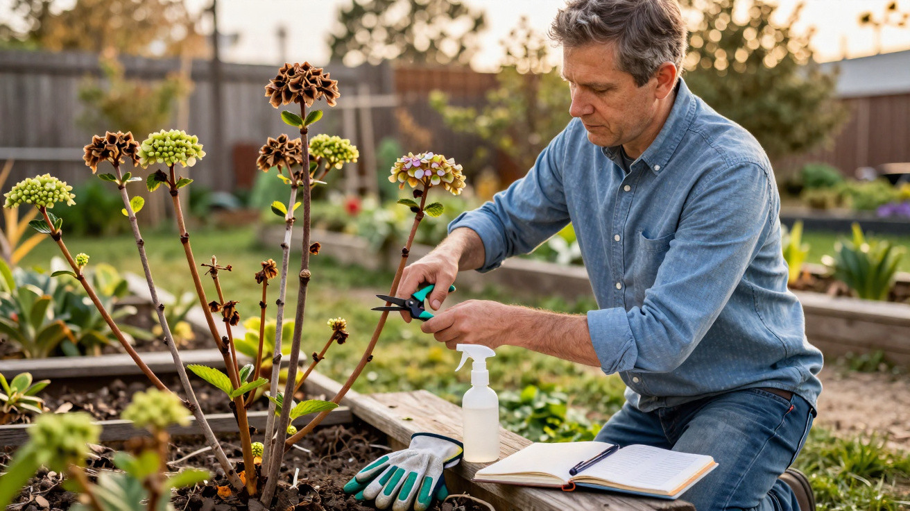 Man pruning tall flower stems in a garden bed with gardening gloves, spray bottle, and an open notebook nearby.