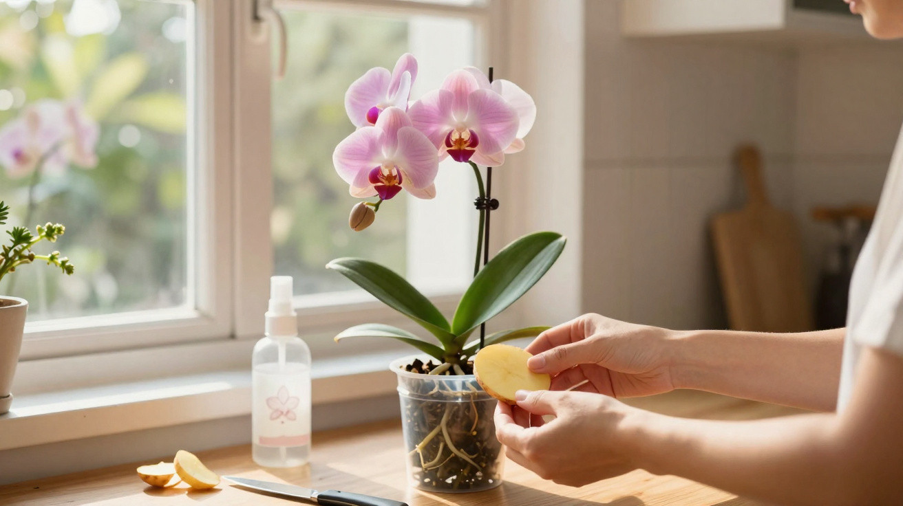 Person caring for a pink orchid plant by a sunny window, holding a yellow sponge near the pot.