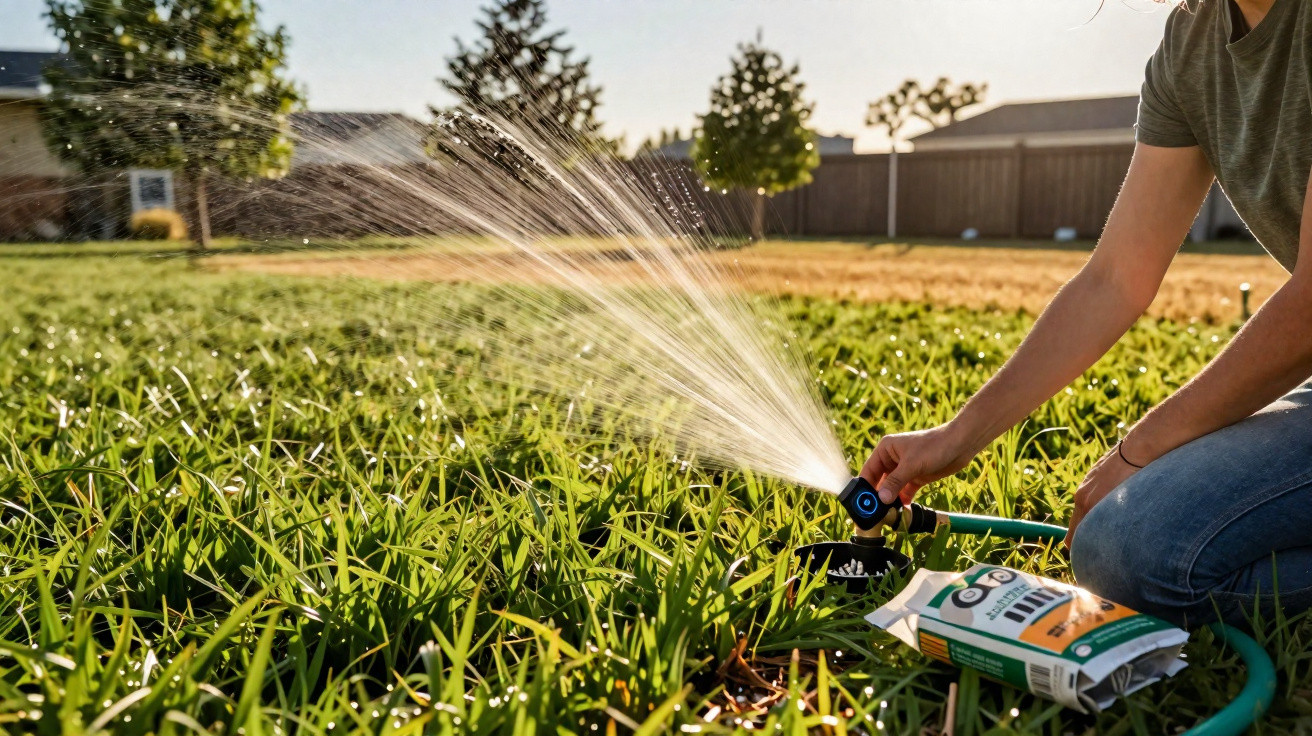 Person adjusting a garden sprinkler watering green grass in a sunlit backyard on a clear day.