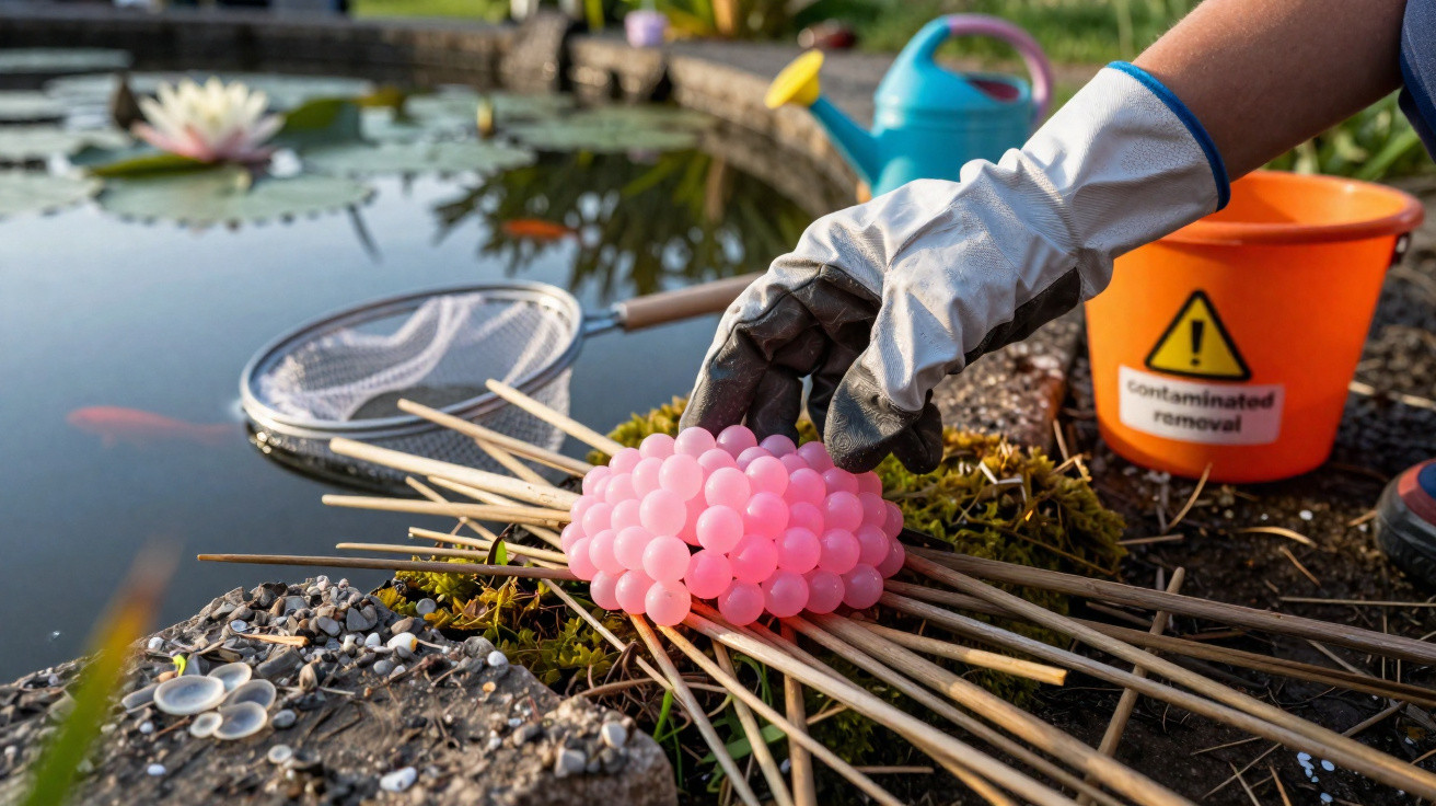 Gloved hand removing a cluster of pink fish eggs near a garden pond with tools and a contaminated removal bucket.