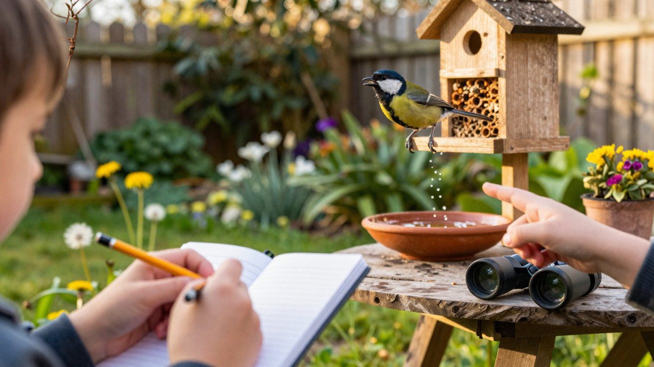 Child sketching a birdhouse and observing a blue tit bird drinking from a water dish in a garden.