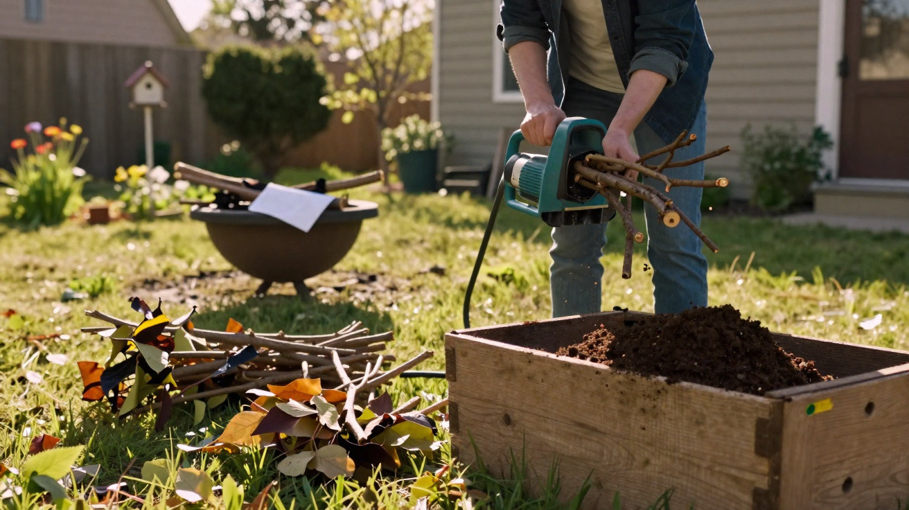 Person using electric wood chipper to shred branches in sunny backyard garden.
