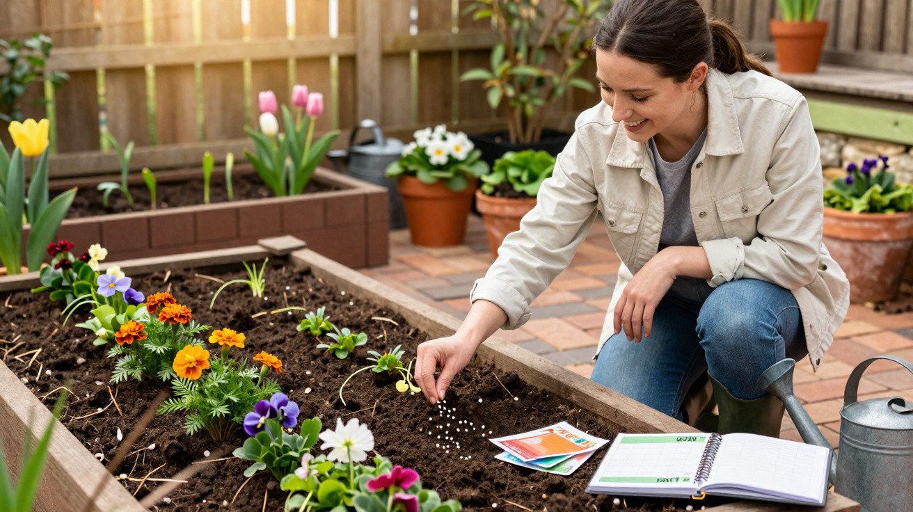 Woman planting seeds in a raised garden bed with flowers and gardening tools nearby in a backyard.