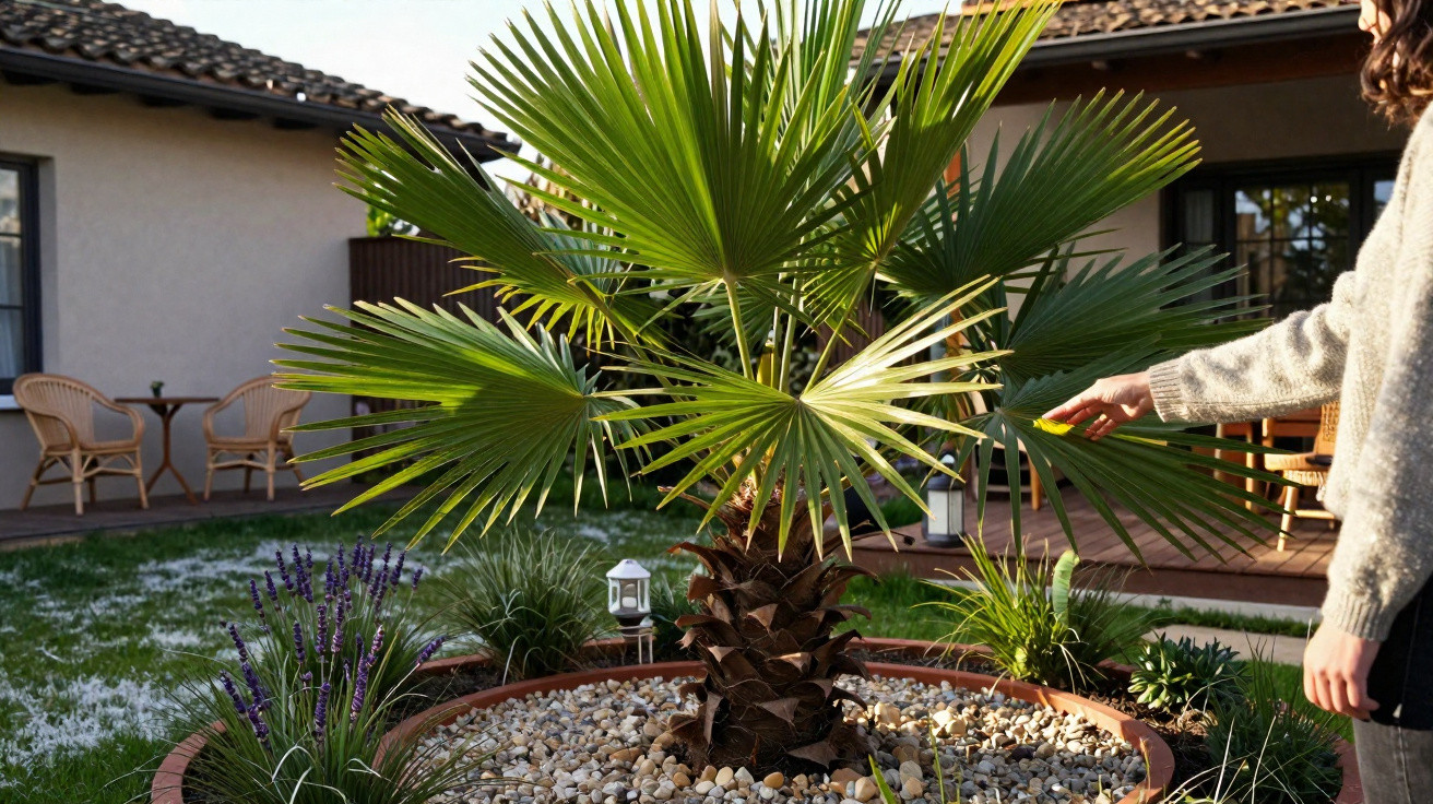 Person watering a large palm plant in a circular garden bed with pebbles in a backyard.