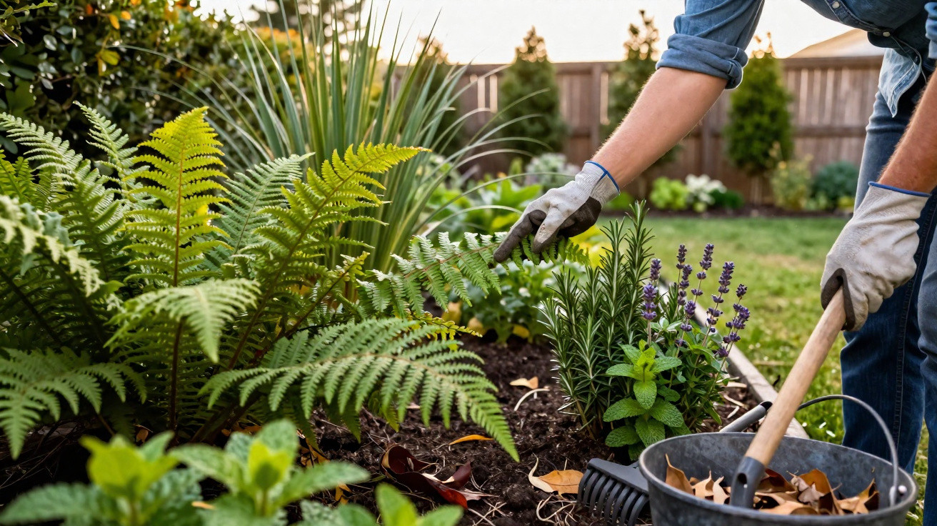 Person wearing gloves tending to plants in a garden bed with gardening tools and a bucket of leaves nearby.
