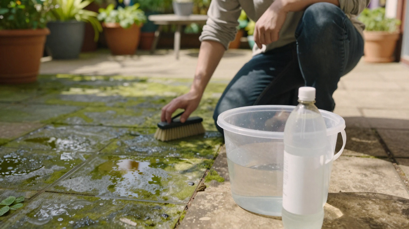 Person scrubbing mossy patio stones with a brush, a bucket of water and a bottle beside them.