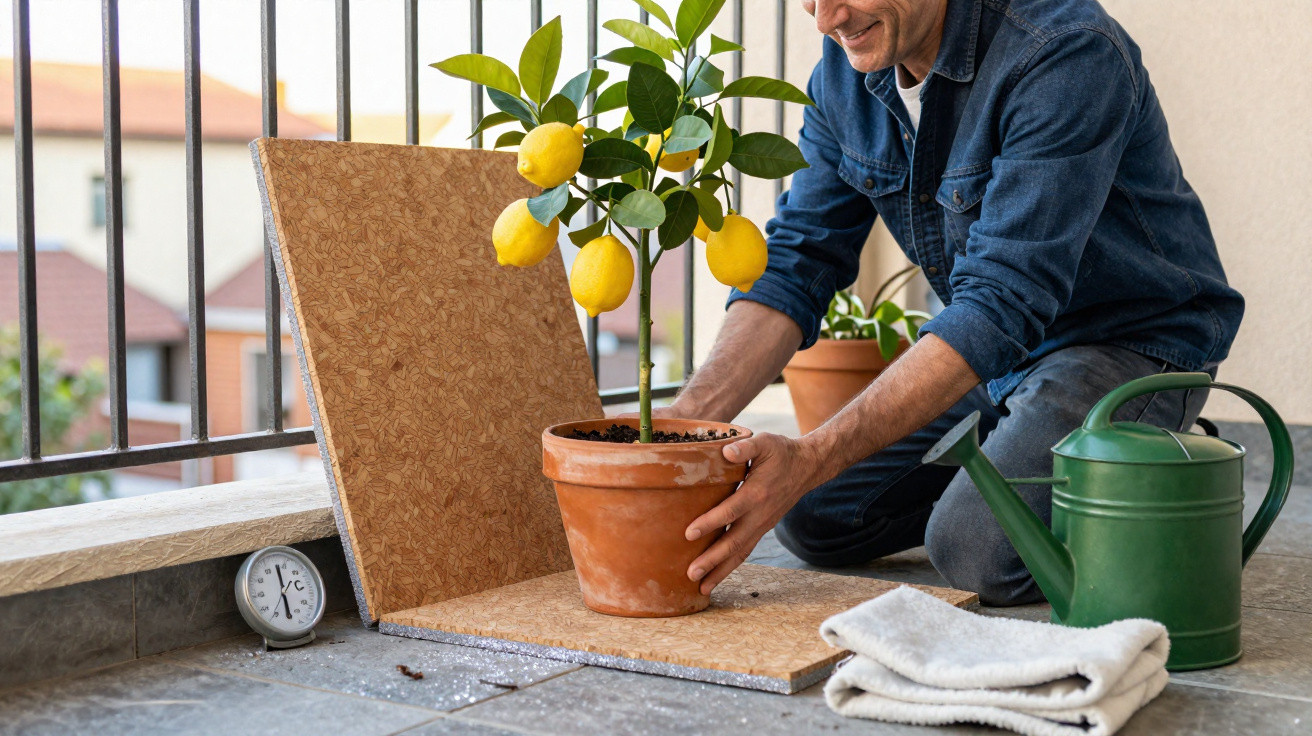 Person placing a potted lemon tree on a balcony next to a green watering can and folded cloths.
