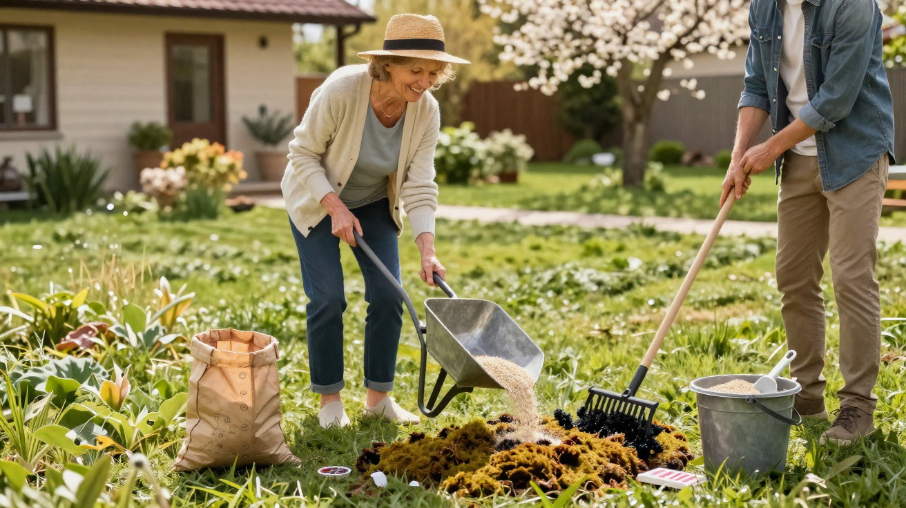 Two people gardening in a sunny yard, one pouring soil from a wheelbarrow while the other holds a rake.