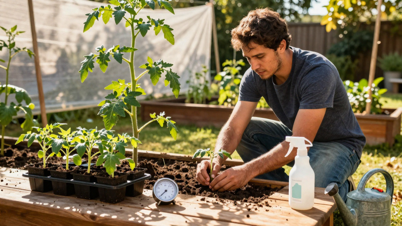 Man planting seedlings in raised garden bed with gardening tools on sunny day