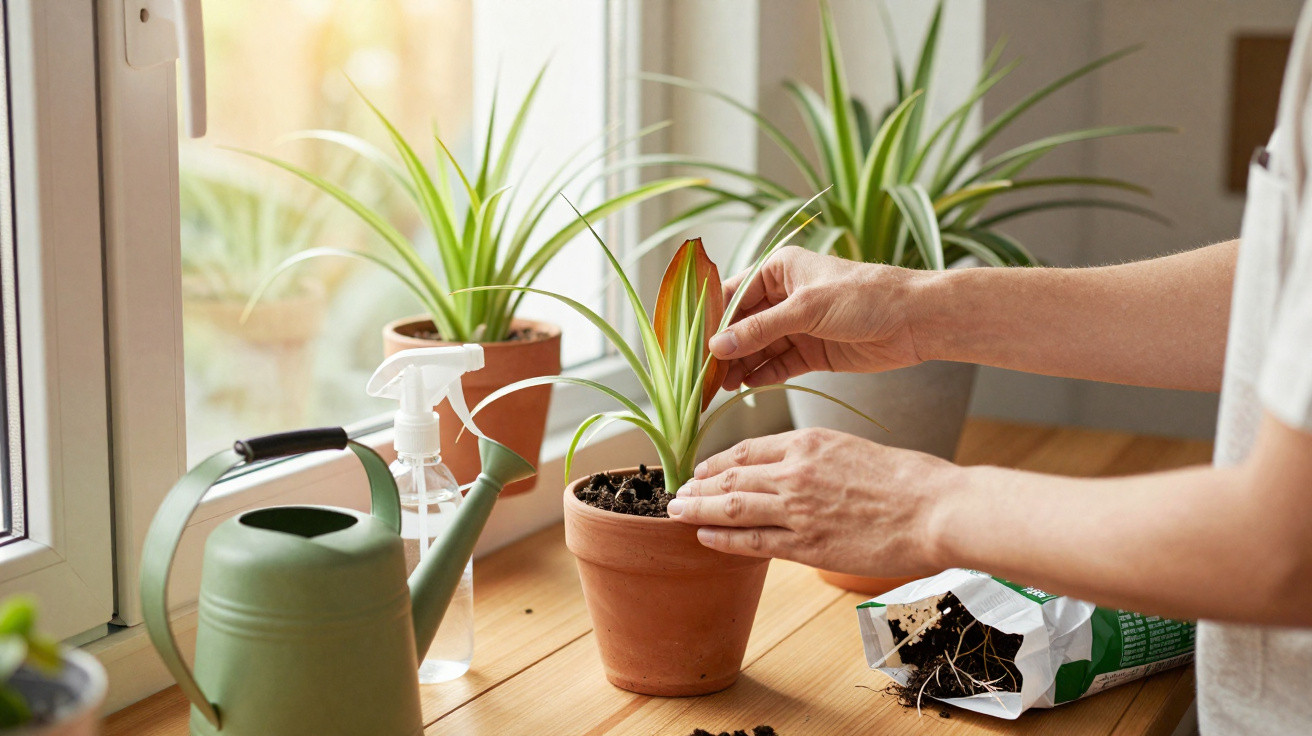Person caring for a small potted plant on a wooden surface near a window with gardening tools nearby.