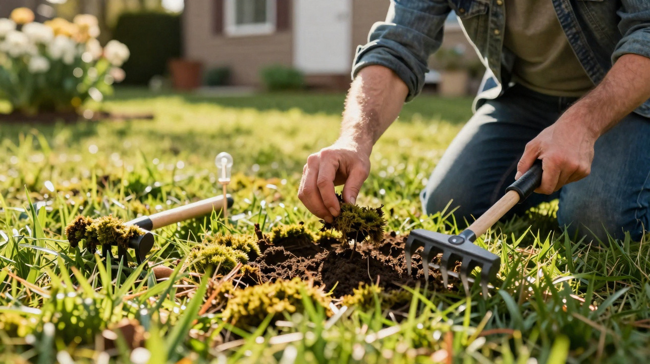 Person gardening outdoors, removing moss from a patch of soil with gardening tools on grass.