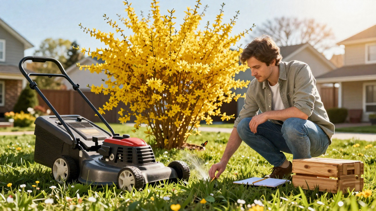 Man kneeling on grass by lawn mower and yellow flowering shrub in sunny garden.