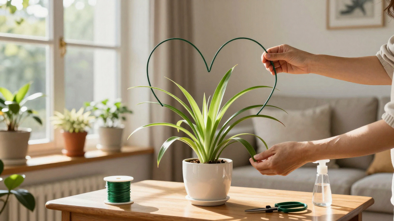 Hands shaping wire loop around a potted plant on a wooden table in a bright living room.