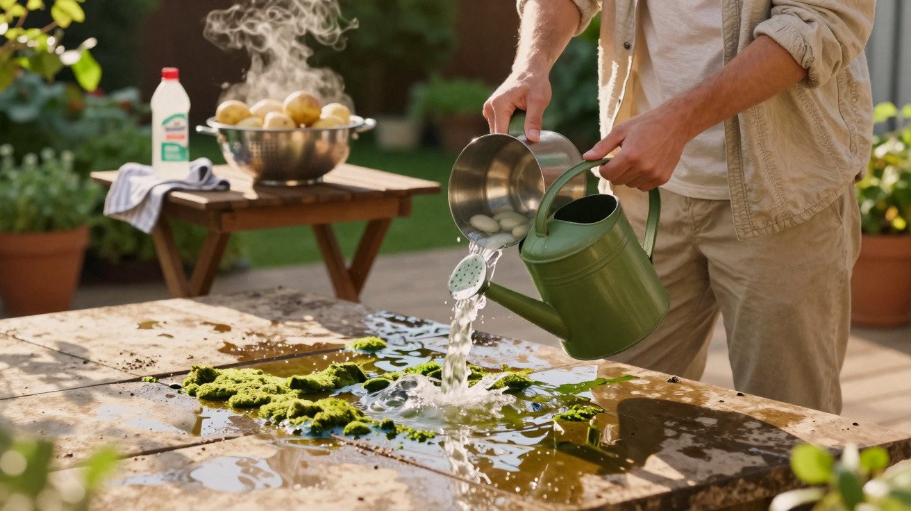 Person pouring water from a watering can and jug onto moss-covered garden table outdoors.