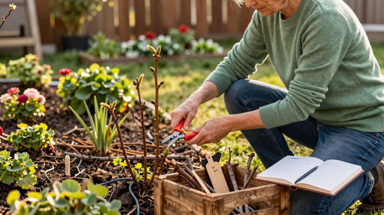 Person pruning plants in a garden patch with gardening tools and an open notebook nearby on a sunny day.