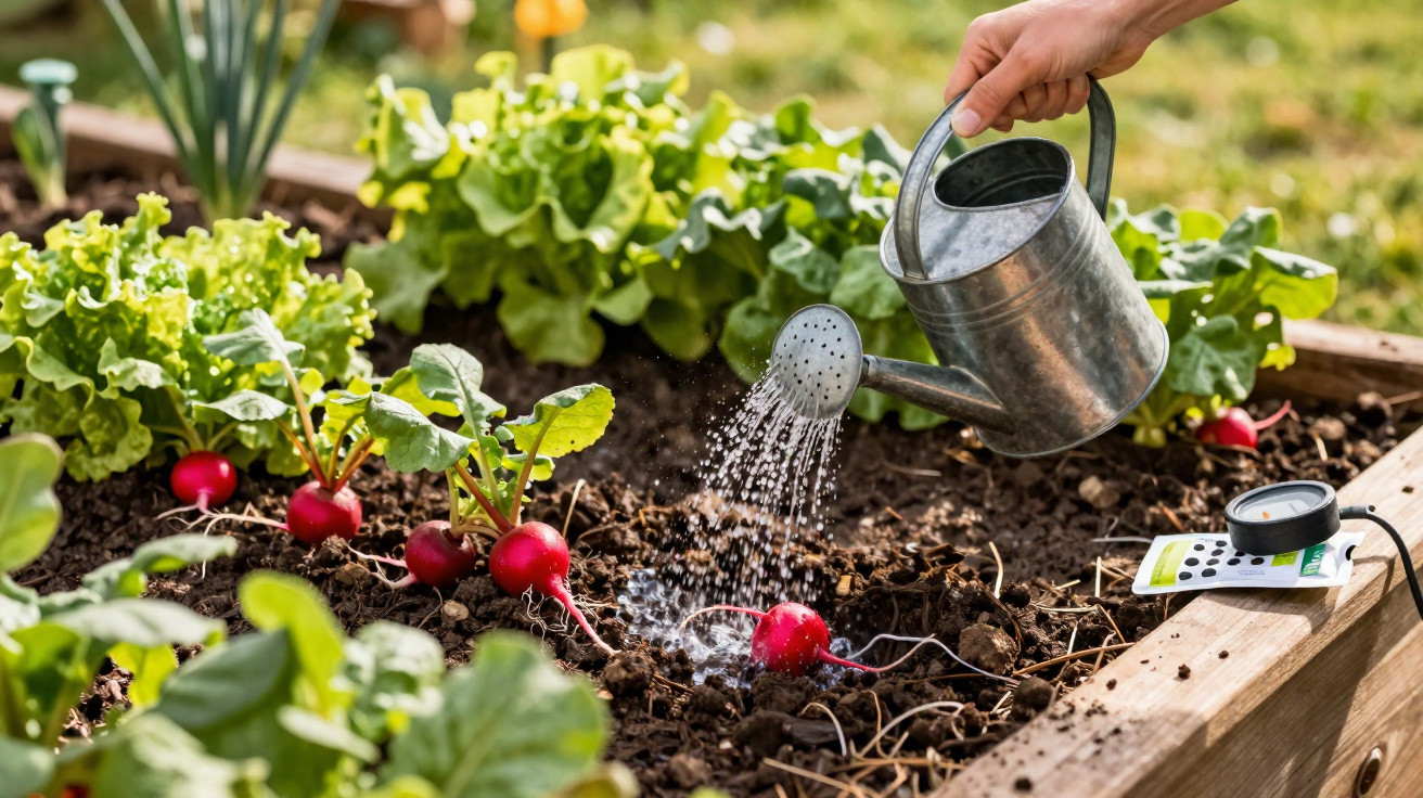 Hand watering radishes growing in a raised garden bed with lettuce in the background.