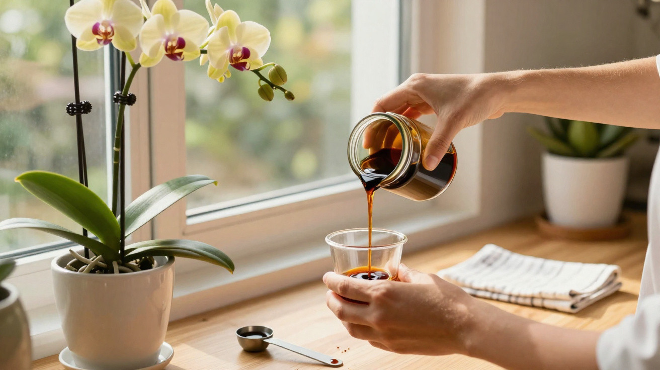 Person pouring coffee from a jar into a glass on a wooden windowsill with orchids and kitchen towel nearby.