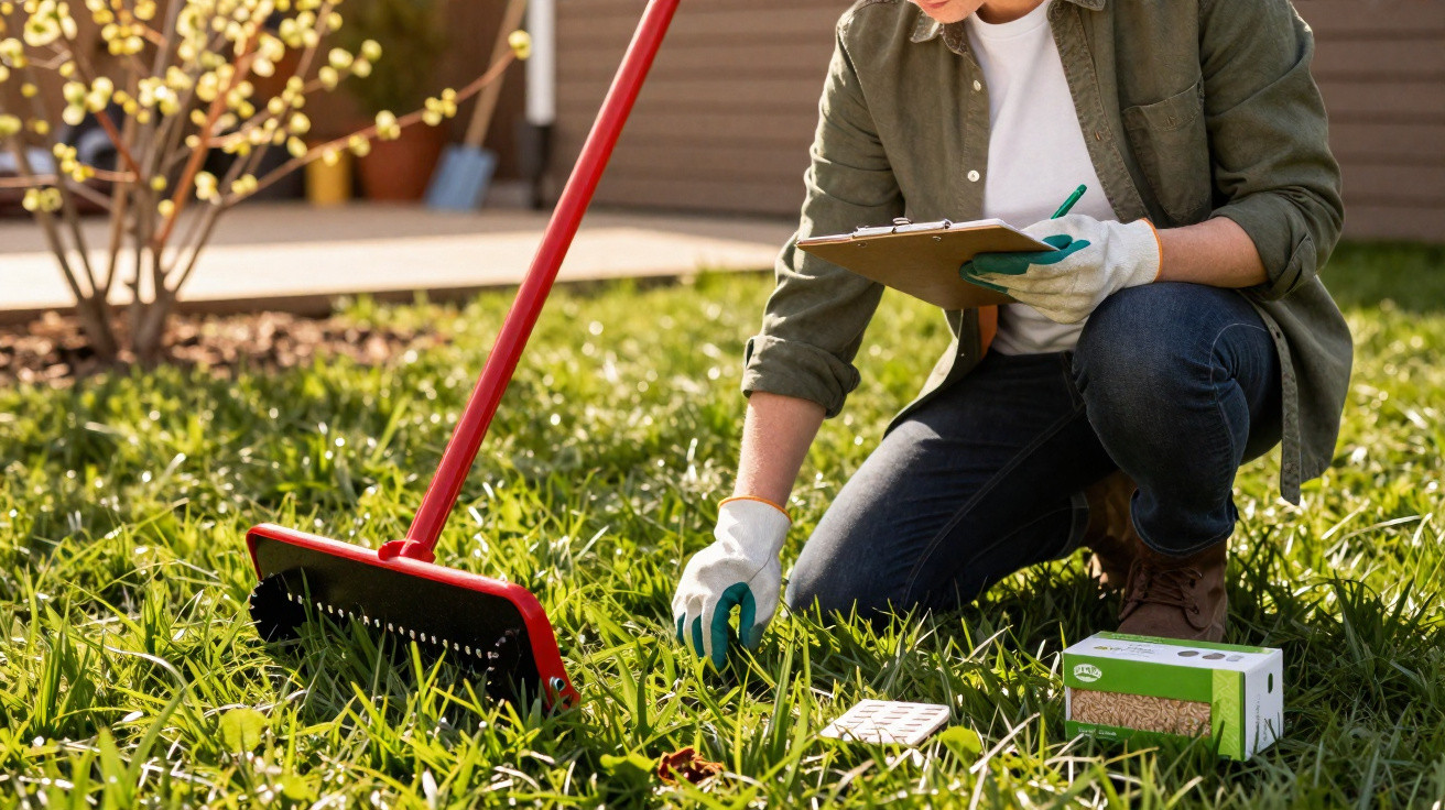 Person in gloves kneeling on grass with a clipboard, inspecting soil with a rake nearby and seed packets on the ground.