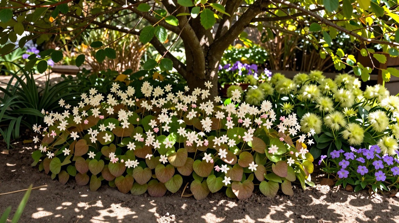 Cluster of white and purple flowers with heart-shaped leaves under a tree in a sunlit garden bed
