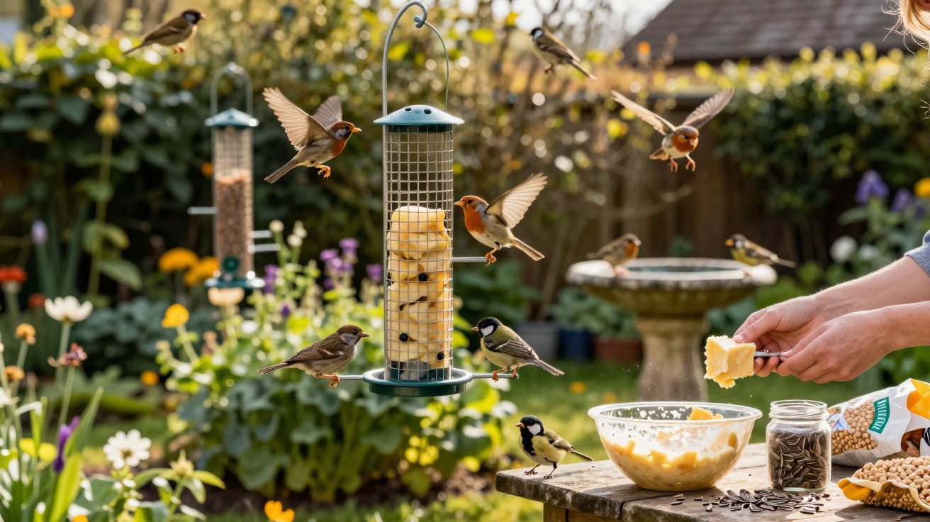Small birds feeding from a hanging feeder and bowl in a sunny garden with a person’s hand offering food.