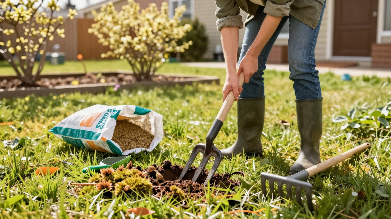 Person wearing green boots and jeans digging soil in a garden with a pitchfork and gardening tools nearby.