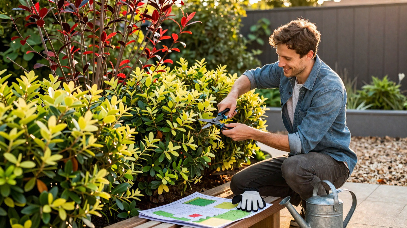 Man pruning yellow and green shrubs in garden with gardening gloves, watering can, and landscape plans nearby.