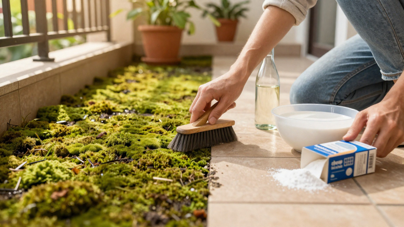 Person cleaning moss from tiled floor using a brush, bowl, and cleaning powder on a sunlit balcony.