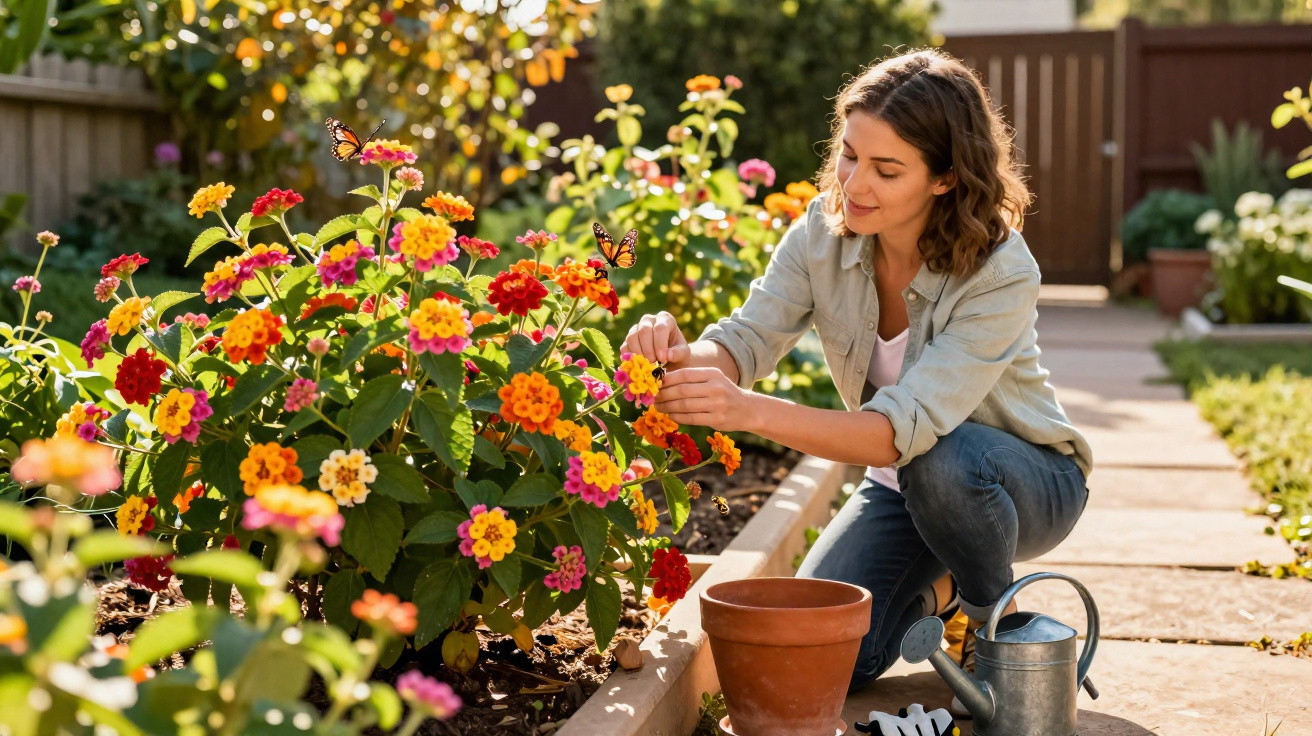 Woman gardening colourful flowers in a sunny backyard with watering can and empty pot nearby
