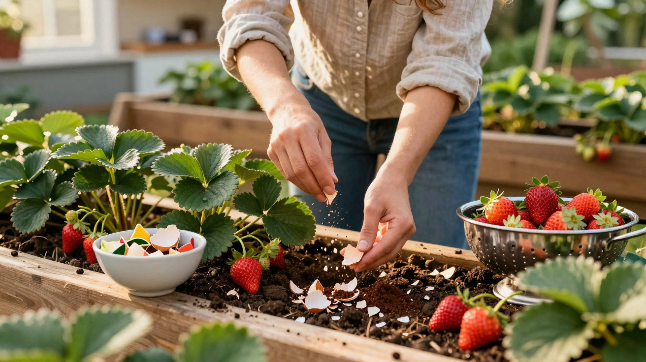 Person sprinkling crushed eggshells into soil on a raised bed with strawberry plants and fresh fruit nearby