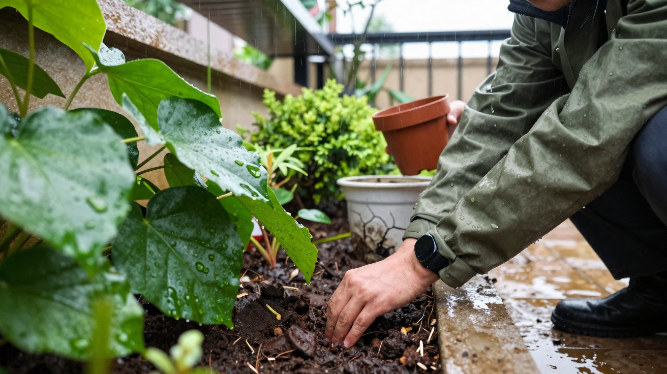 Person wearing a raincoat planting a seedling in wet soil on a balcony garden on a rainy day.