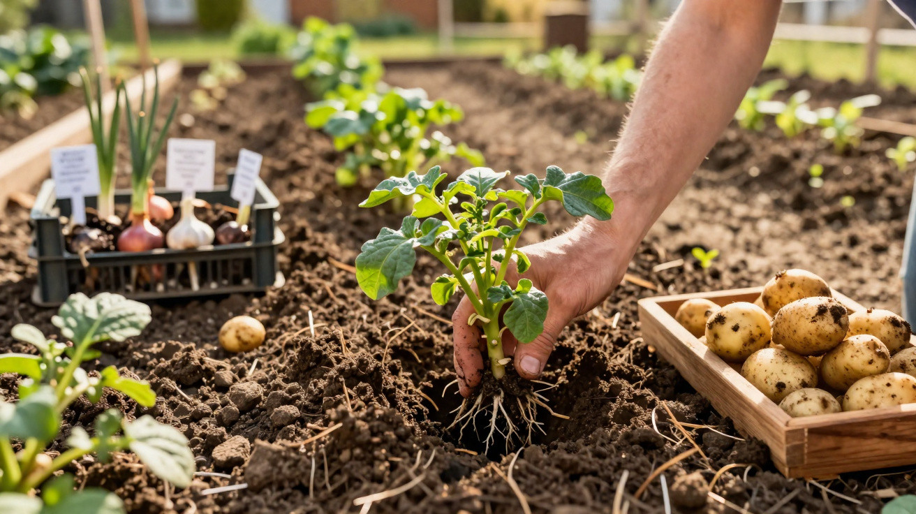 Hand planting a young potato plant in soil with harvested potatoes and seed onions in the background.