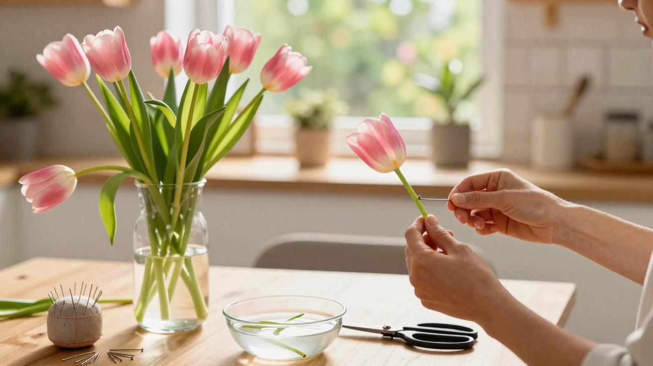 Person arranging pink tulips in a glass vase on a wooden table in a bright kitchen.