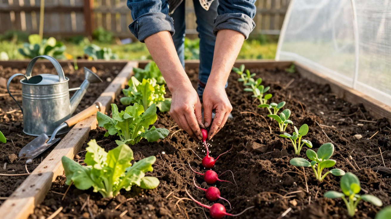 Hands harvesting ripe radishes in a garden bed with green plants and gardening tools nearby.
