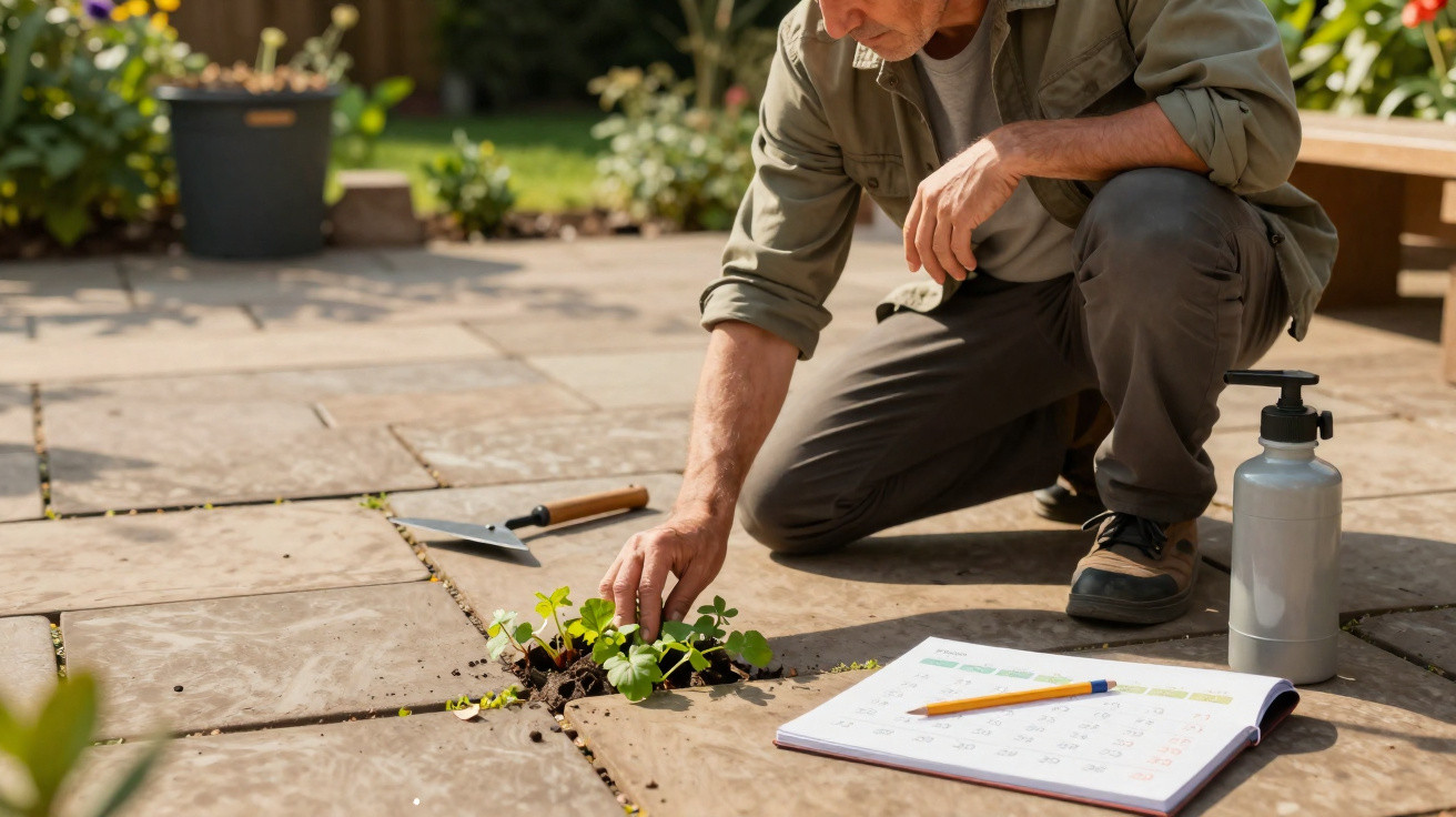 Man weeding plants growing between patio stones with gardening tools and notebook nearby in sunlight