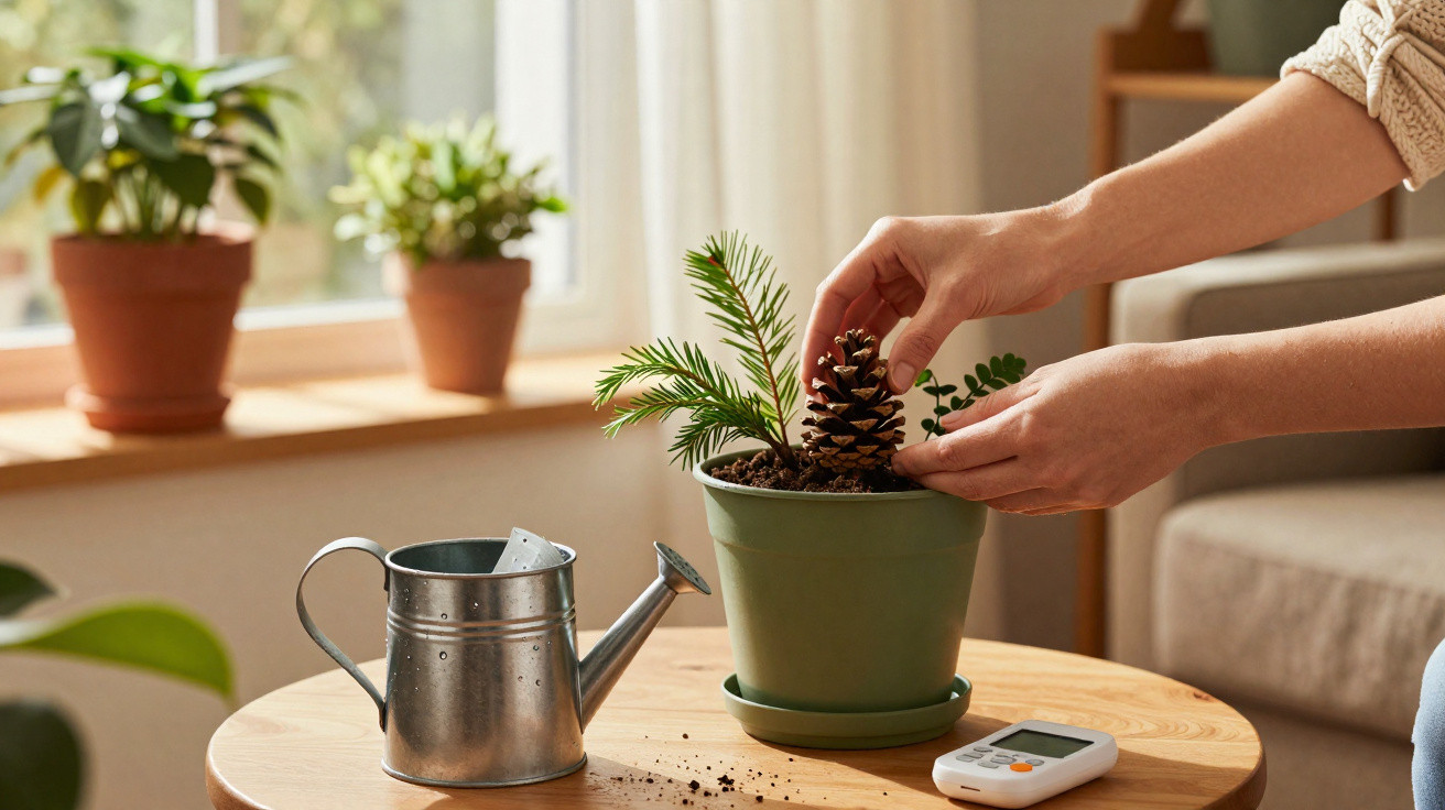 Hands placing a pine cone in a green plant pot on a wooden table with a watering can and thermostat nearby.